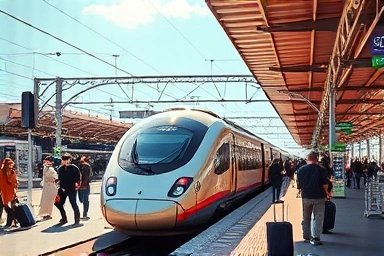 Italian train station with passengers boarding a high-speed train.